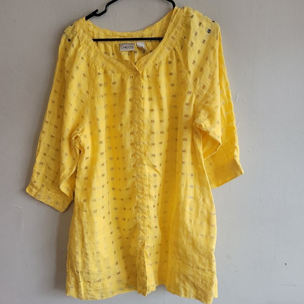 Women's large Chicos 2 yellow button up sheer squares accent elbow sleeves shirt